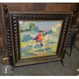 A Victorian carved oak firescreen with woolwork panel of a falconer on a white horse, height 92cm