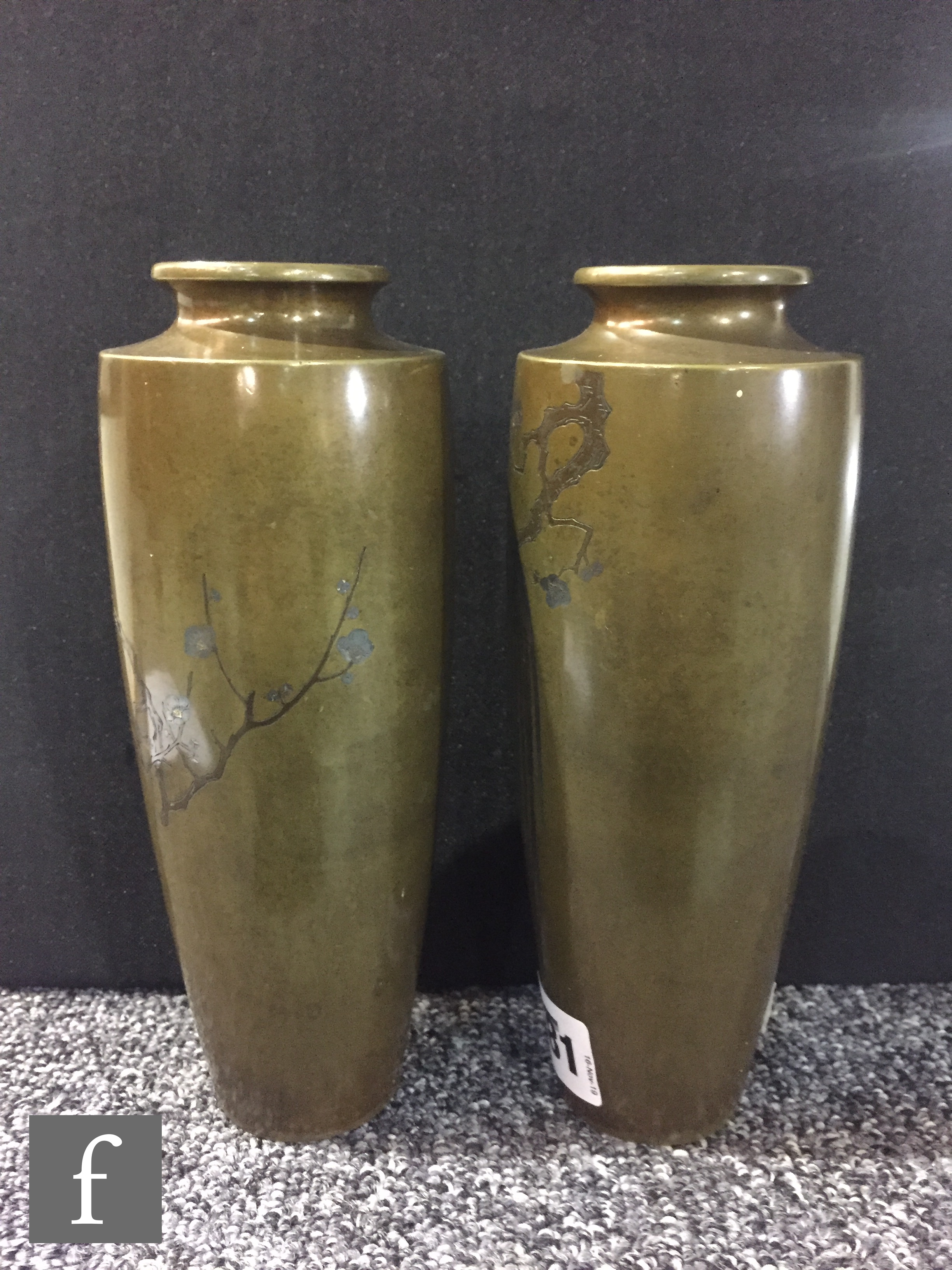 A pair of late 19th Century Japanese Meji period inlaid bronze cylindrical vases of tapering form - Image 3 of 7