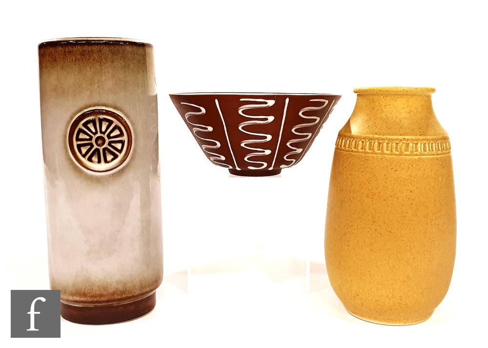 Two post war Swedish vases comprising a Soholm cylinder vase with applied sunburst motif, height
