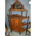A Victorian inlaid burr walnut side cabinet, the central arch cupboard above turned spindle supports