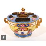 A later 20th Century combination inkwell decorated with hand painted flowers against a yellow and