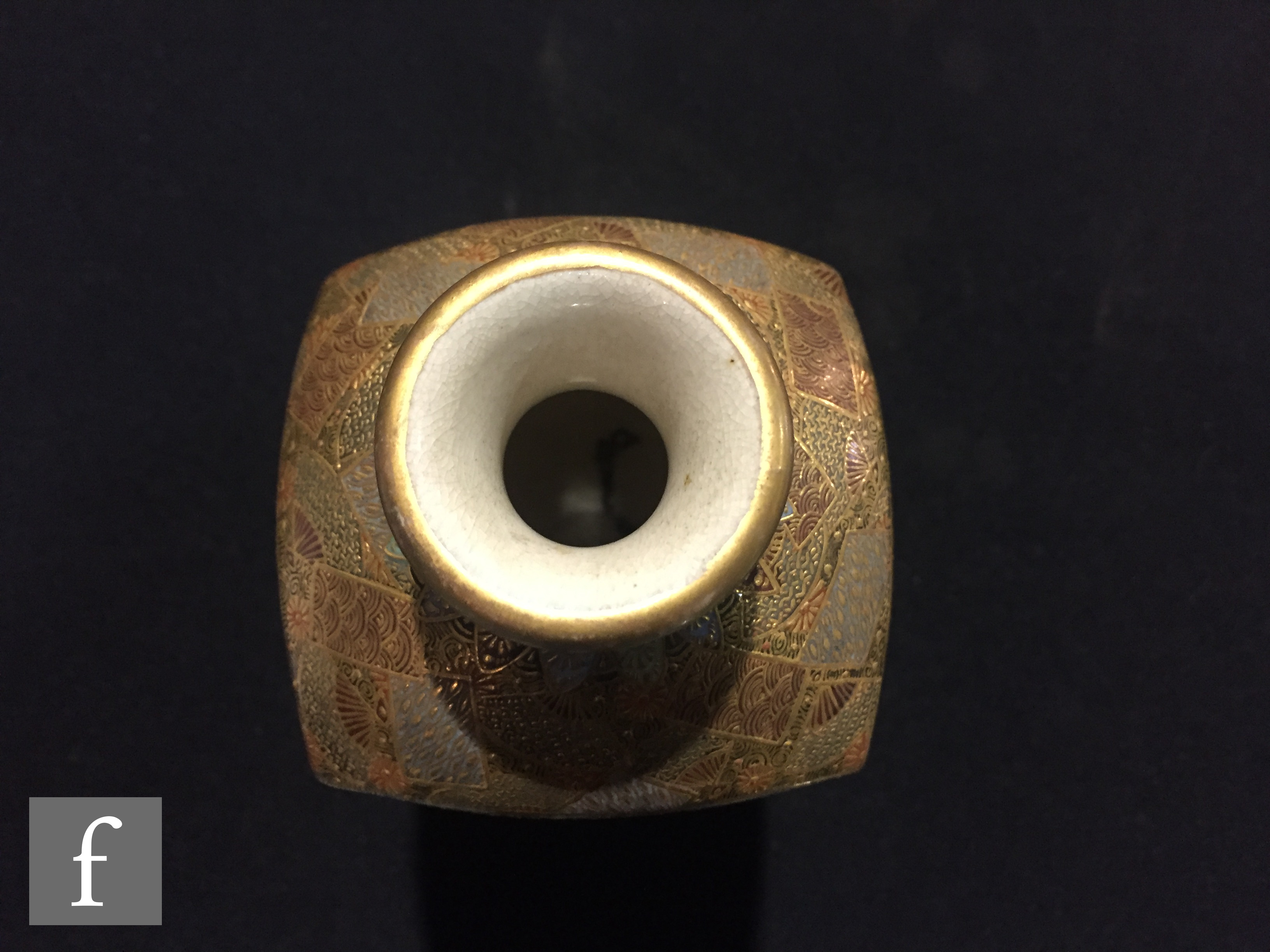 A Japanese Meiji period (1867-1912) Satsuma vase, of tapered square section rising from a - Image 6 of 7