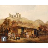 M. ROWLAND (LATE 19TH CENTURY) - A family sitting outside a cabin, possibly America, oil on