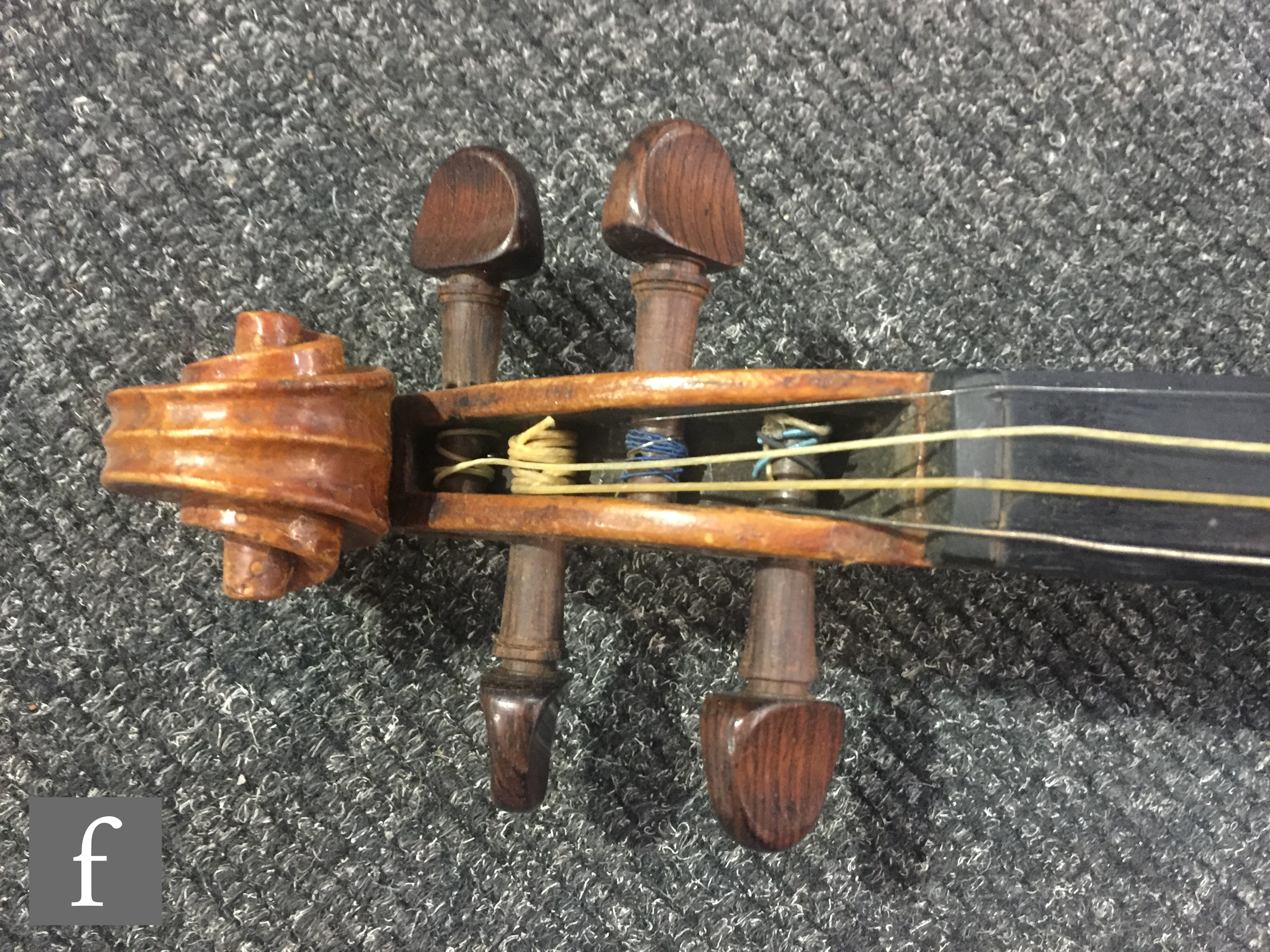 A late 19th to early 20th Century German violin, length of back 36cm, with later bow in black case. - Image 12 of 17