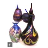 A later 20th Century Okra Glass scent bottle in the form of a pear decorated with random whiplash