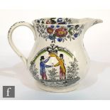 A 19th Century pearlware jug decorated with transfer applied scenes with King William upon horseback