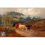 WILLIAM LANGLEY (1852-1922) - Cattle on a road in The Highlands, oil on canvas, signed, framed, 49cm
