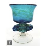 A later 20th Century Mdina winged goblet with a tonal blue and green bowl with flared stem, raised