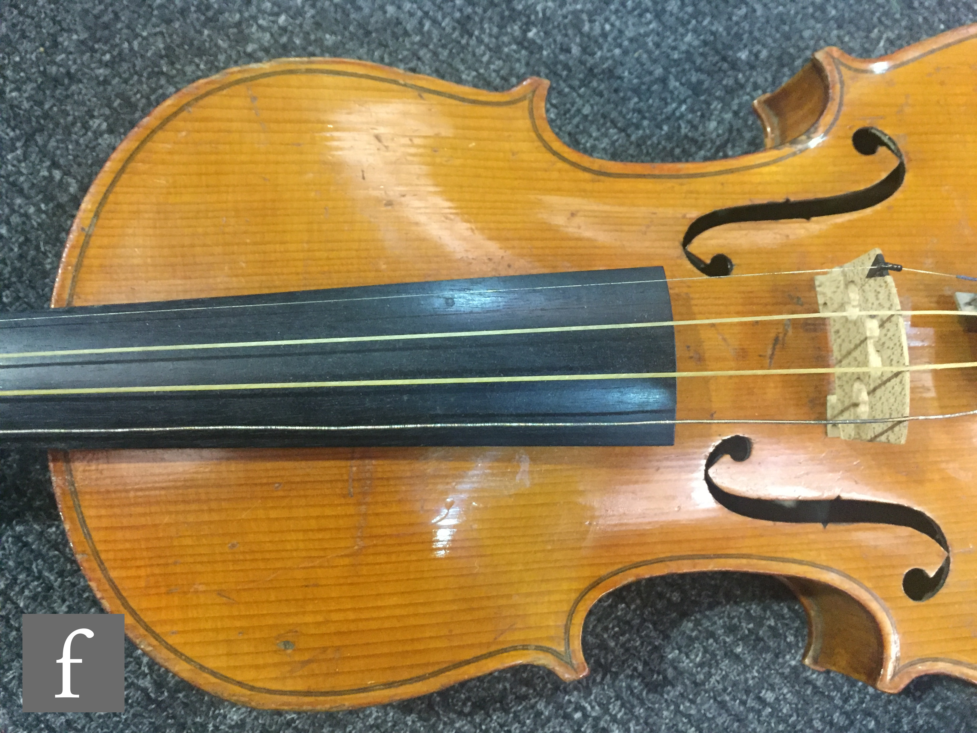 A late 19th to early 20th Century German violin, length of back 36cm, with later bow in black case. - Image 13 of 17