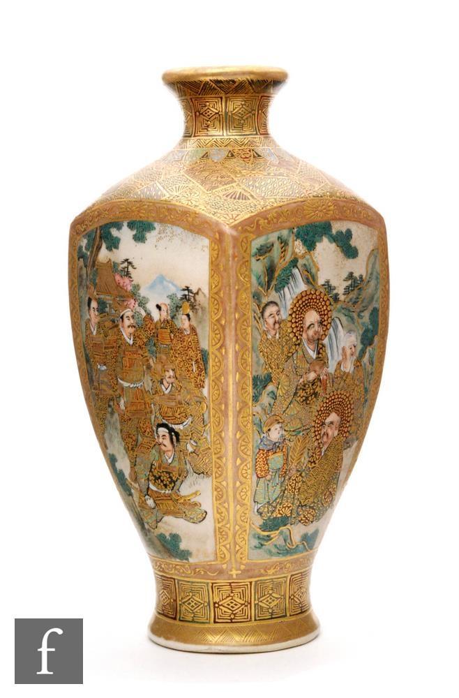 A Japanese Meiji period (1867-1912) Satsuma vase, of tapered square section rising from a