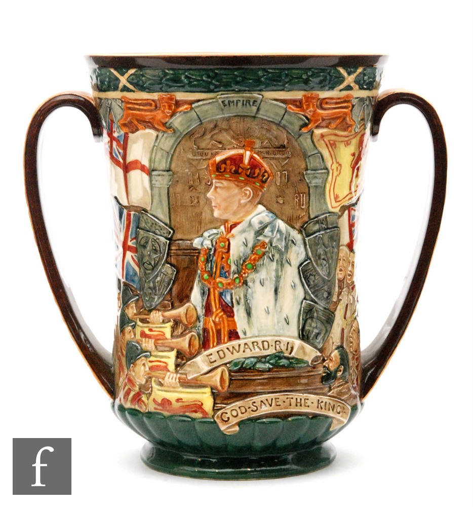 A large Royal Doulton twin handled commemorative loving cup celebrating the reign of Edward VIII,
