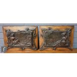 A pair of early 20th Century Art Nouveau spelter panels on oak frame backs, each cast in relief