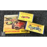 Two Lesney Matchbox 1-75 series diecast models, a 19d Lotus Racing Car in green with RN 3 and a
