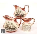 An early 20th Century copper lustre jug transfer printed with a three masted frigate, together