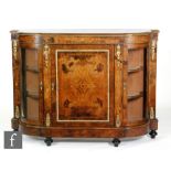 A Louis XIV style inlaid burr walnut credenza, the central panel door flanked by bowfronted glazed