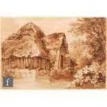 CORNELIUS VARLEY (1781-1873) - Study of a thatched barn, sepia wash, framed, 18cm x 25cm, frame size