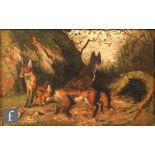 ENGLISH SCHOOL (LATE 19TH CENTURY) - A family of foxes, oil on board, framed, 12cm x 18cm, frame