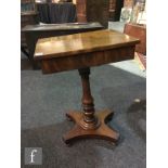 A 19th Century mahogany rectangular work table with lifting lid on turned pedestal and shaped