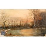 ATTRIBUTED TO WILLIAM STONE (1840-1913) - A winter scene with frozen river, oil on canvas, unframed,