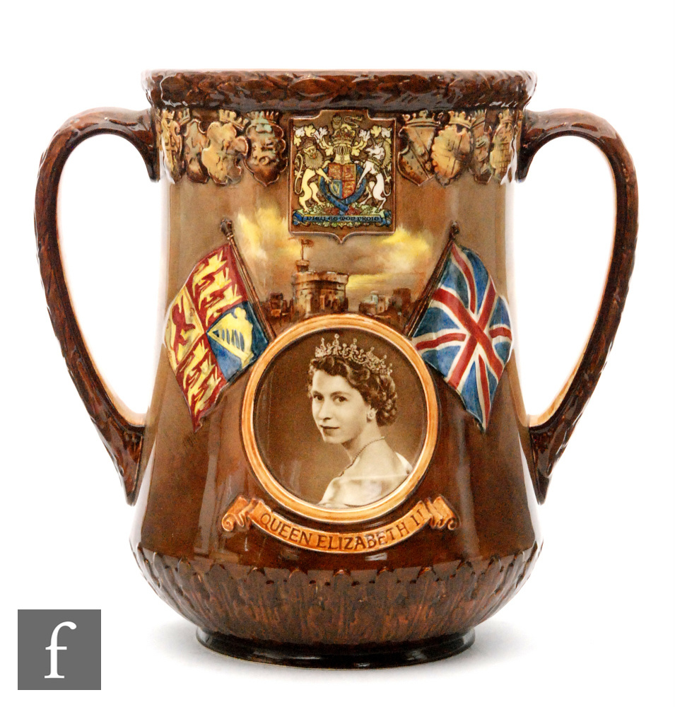 A large Royal Doulton twin handled commemorative loving cup for The Coronation of Queen Elizabeth