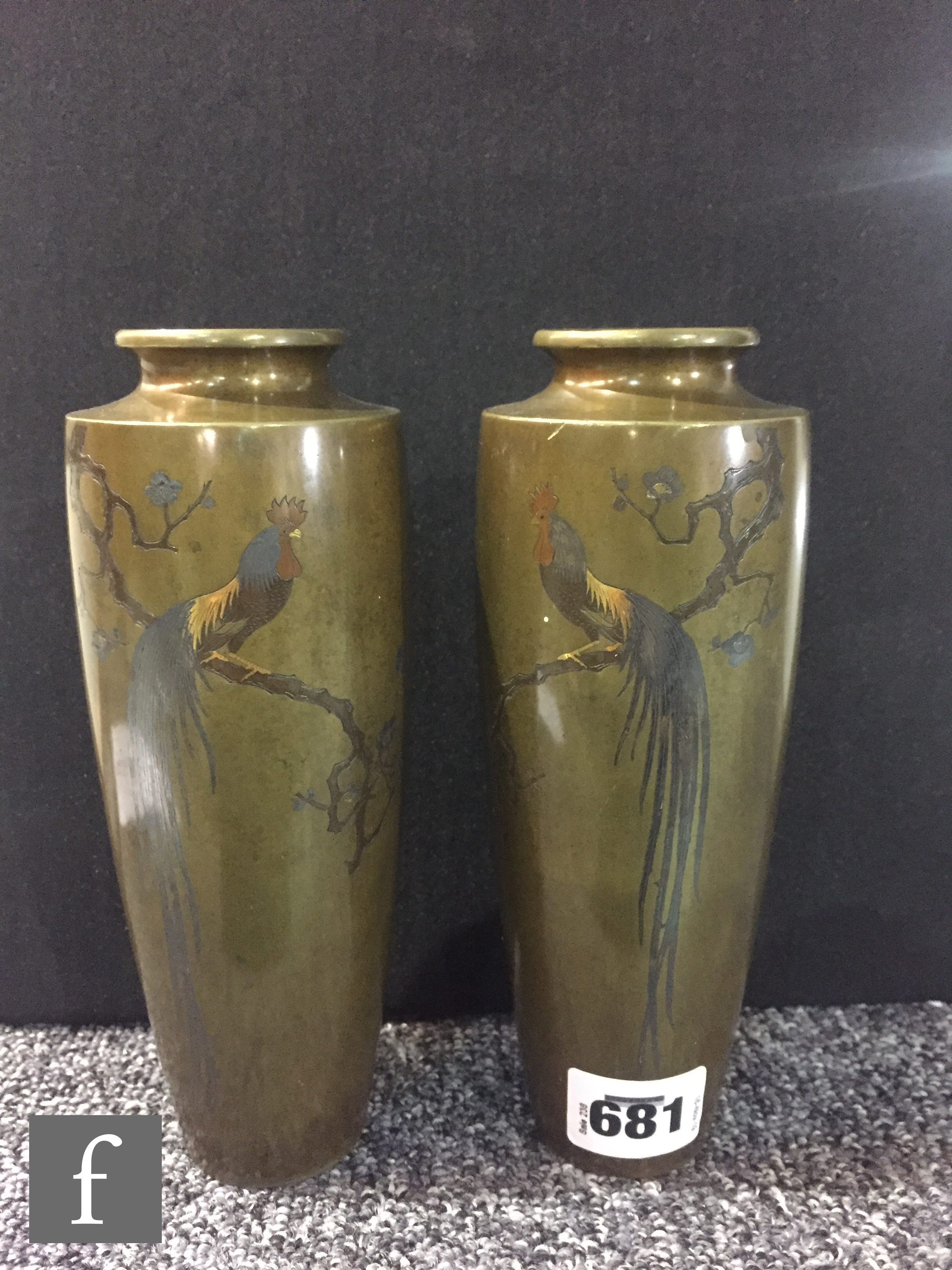 A pair of late 19th Century Japanese Meji period inlaid bronze cylindrical vases of tapering form - Image 2 of 7
