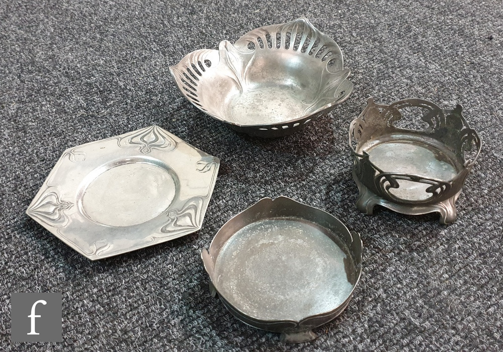 Four pieces of Art Nouveau secessionist pewter to include a Orivit preserve stand, numbered 2417A,