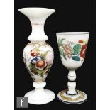 A 19th Century Richardsons opaline frosted glass goblet, the round funnel bowl with floral vitrified