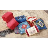 Four prayer cushions, also various pillows, some with gothic decoration. (qty)