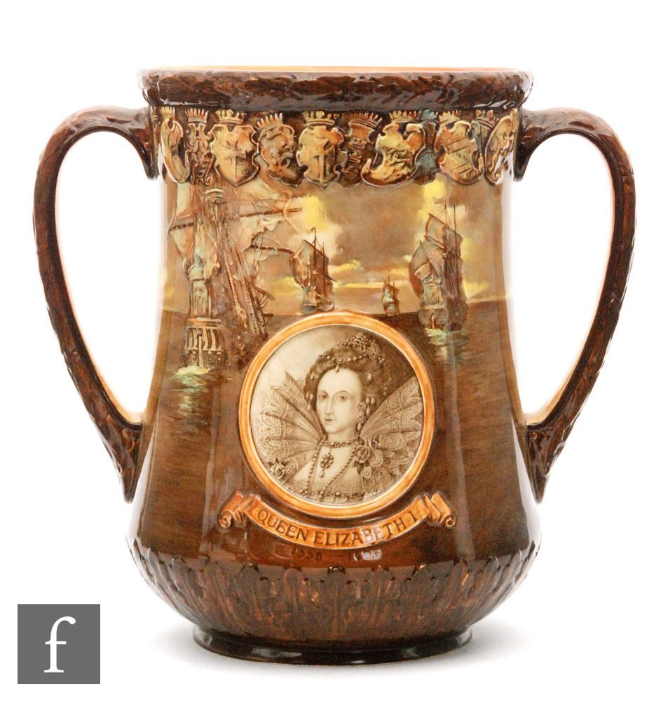 A large Royal Doulton twin handled commemorative loving cup for The Coronation of Queen Elizabeth - Image 2 of 2