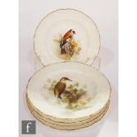 A set of five Royal Worcester small cabinet pates each decorated with a hand painted bird by William