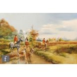 DOUGLAS E. WEST (1931-2007) - A hunt and hounds on a country lane, oil on canvas, signed, framed,