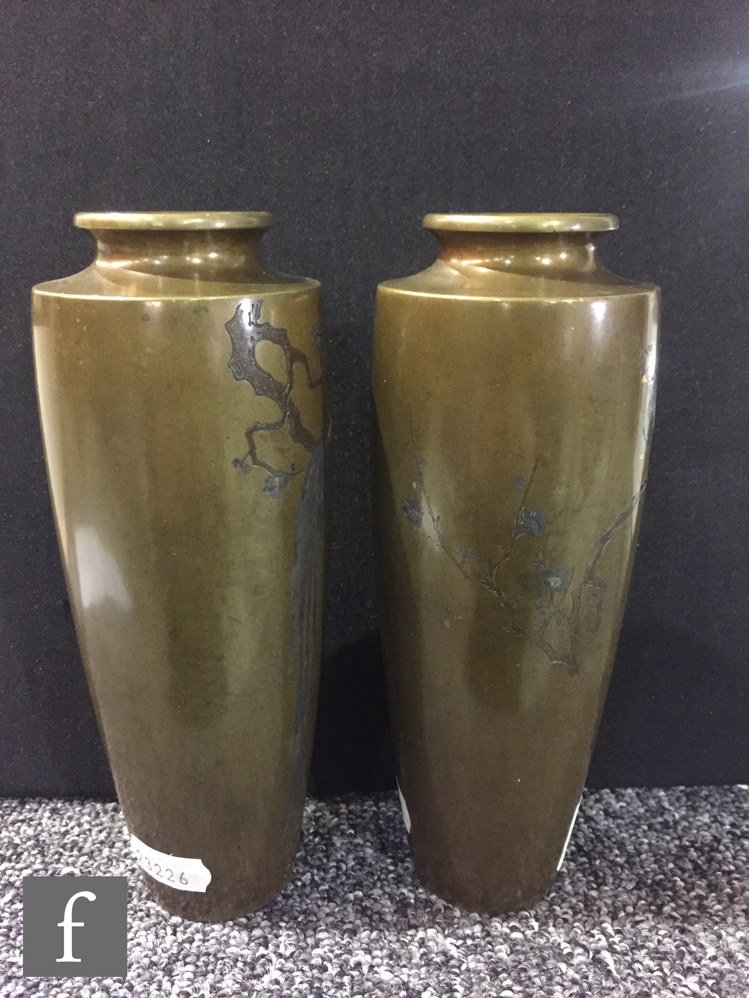 A pair of late 19th Century Japanese Meji period inlaid bronze cylindrical vases of tapering form - Image 5 of 7