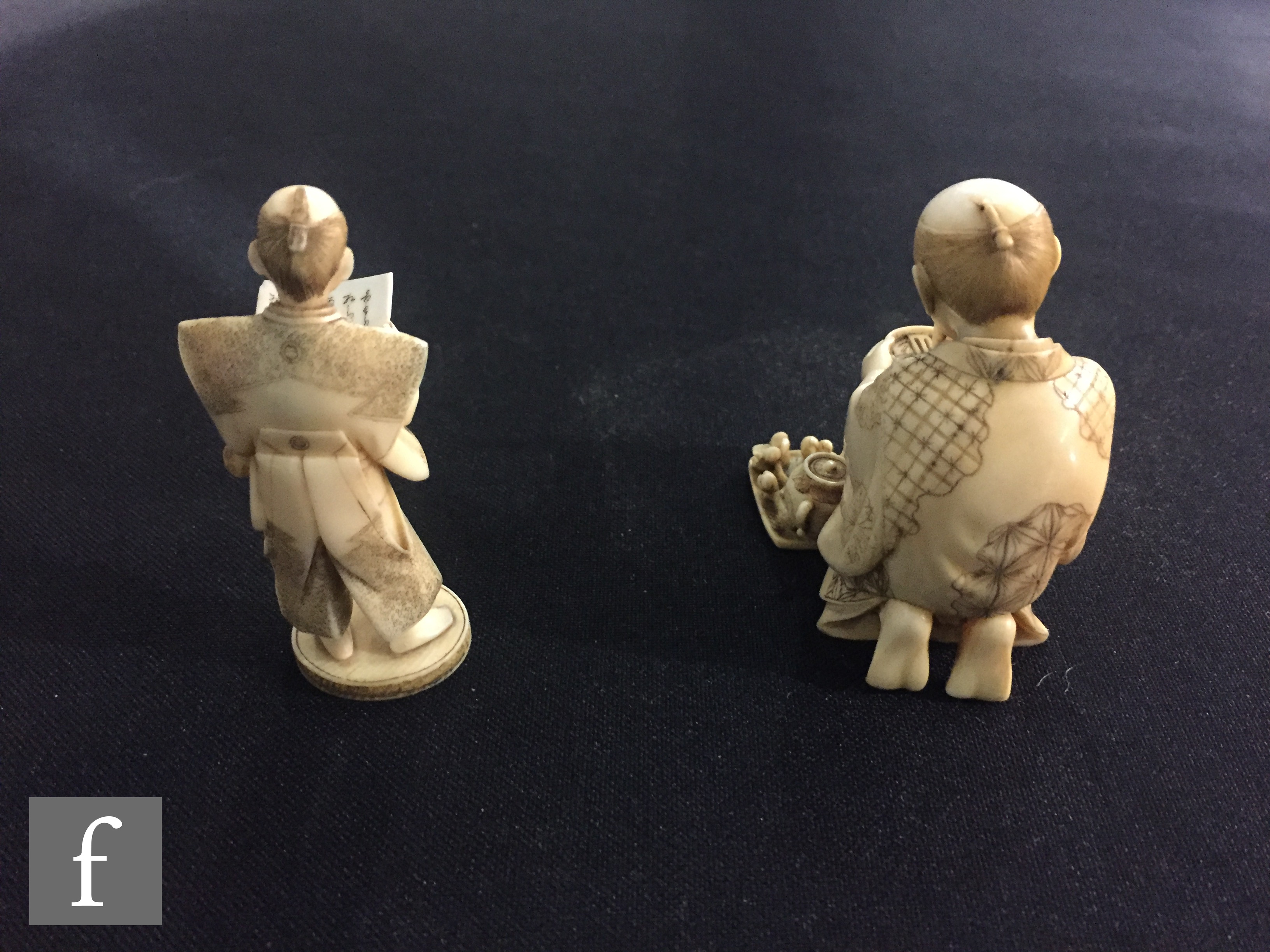 A 19th Century carved ivory seated figure of a man mixing tea with a stick, another of a scribe, a - Image 4 of 16