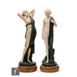 After Ferdinand Preiss - A pair of simulated Juratone ivory and part green metal mounted semi nude