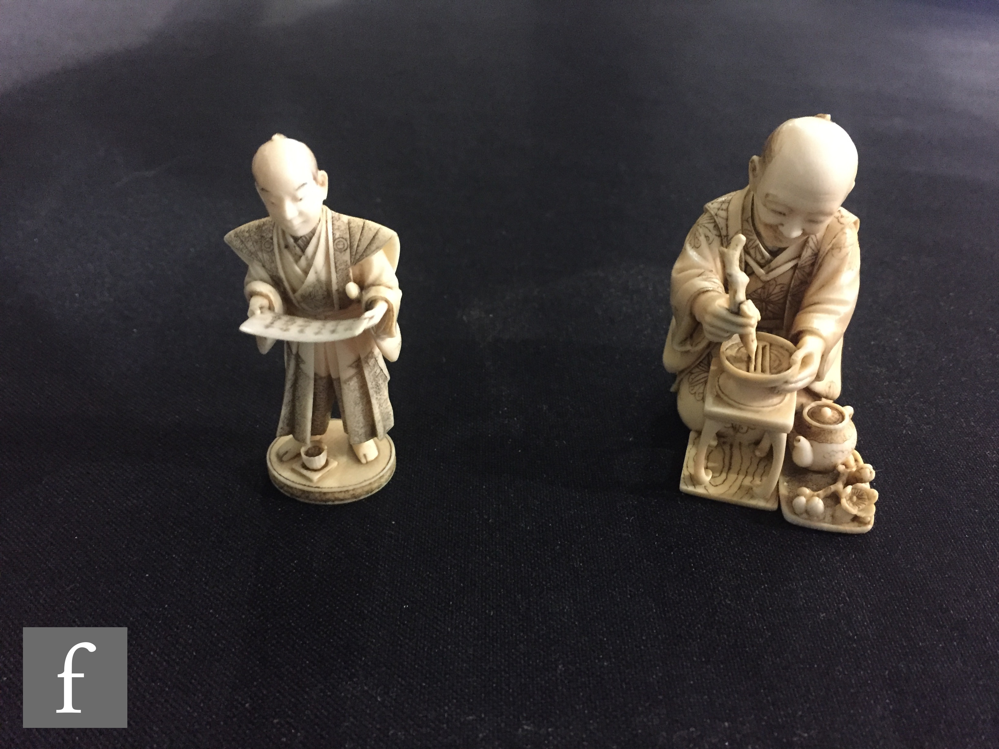 A 19th Century carved ivory seated figure of a man mixing tea with a stick, another of a scribe, a - Image 2 of 16