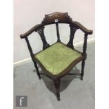 A Victorian inlaid mahogany corner chair and a similar chair with heart shaped back and red velvet