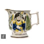 A small 19th Century pearlware jug of military interest decorated with high relief moulded scenes,