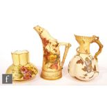 Three pieces of Royal Worcester blush ivory comprising a shape 1507 jug, S/D, a shape 991 vase and a