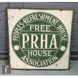 A 1930/40s double green and white enameled sign for Peoples refreshment house PRHA, 51cm square.