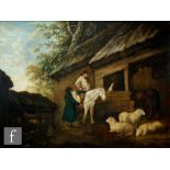 ATTRIBUTED TO GEORGE MORLAND (1763-1804) - Rustic figures with horses, sheep and pigs before a