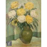 IRENE P. BRETTELL (CIRCA 1950) - Chrysanthemums in a green pottery vase, oil on canvas, signed,