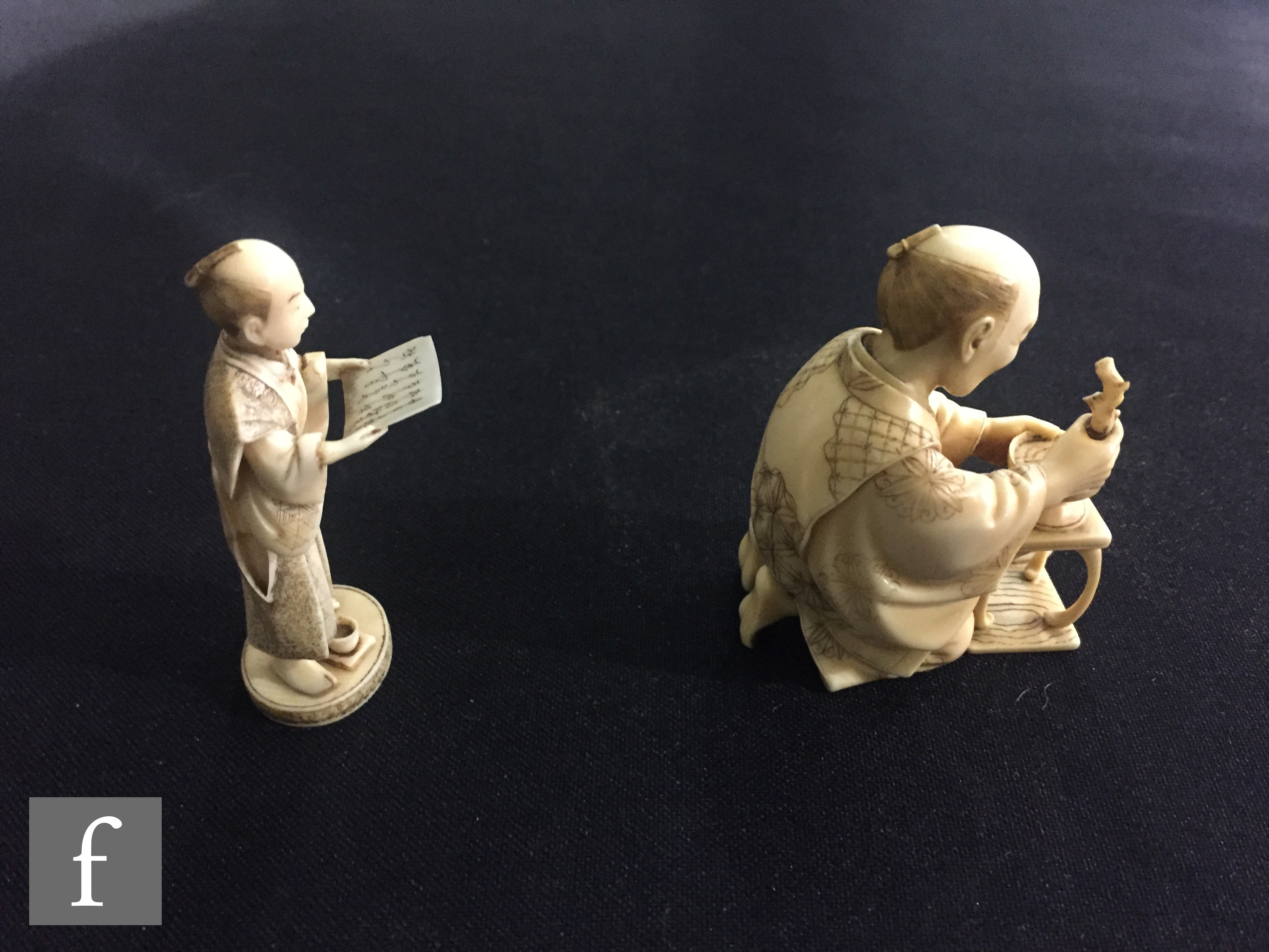 A 19th Century carved ivory seated figure of a man mixing tea with a stick, another of a scribe, a - Image 5 of 16