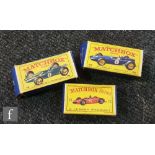 Three Lesney Matchbox 1-75 series diecast models, a 19d Lotus Racing Car in green with RN 3, a 52b