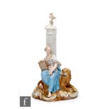 A 19th Century Meissen figure of a classically dressed lady seated upon a lion before a marble