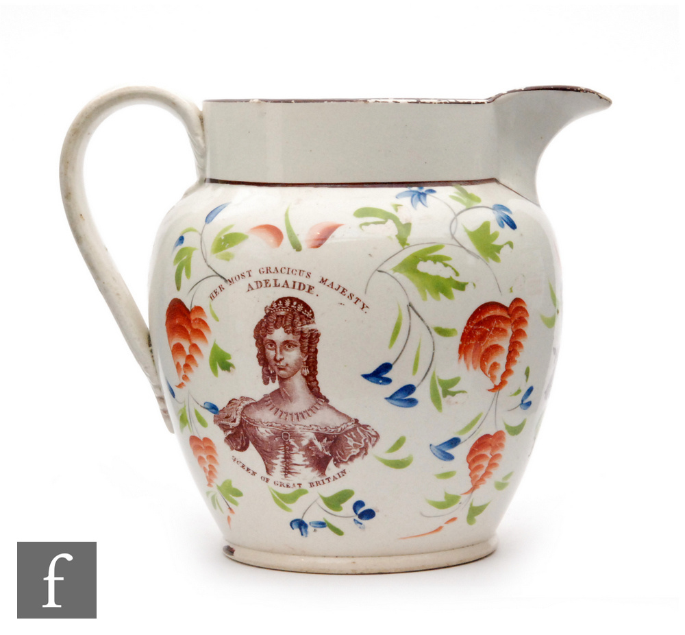 A 19th Century creamware commemorative jug decorated with transfer applied portraits of 'His Most