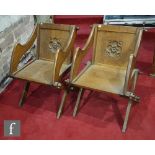 A pair of oak panelled ecclesiastical alter chairs with Gothic roundel detail on cross framed