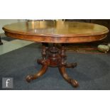 A Victorian burr walnut oval breakfast table on four turned supports and splayed legs, height 72cm x