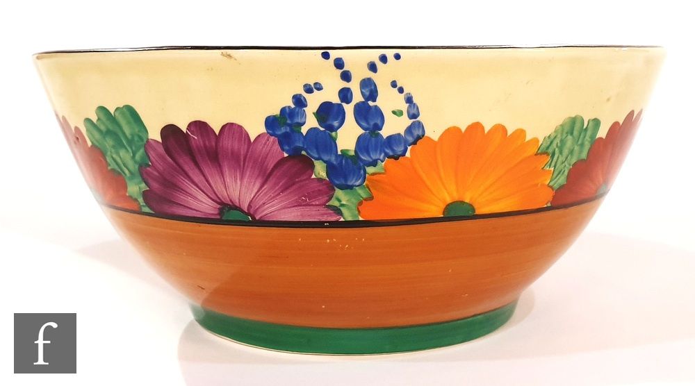 A Clarice Cliff Bizarre Gayday pattern footed bowl decorated with a band of flowers above a brown