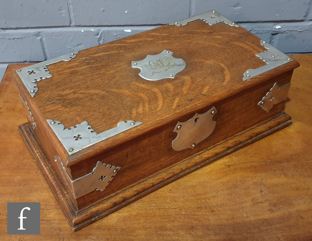 A Victorian oak two divisioned cigar box with plated corner mounts, stamped Harper Bristol, width