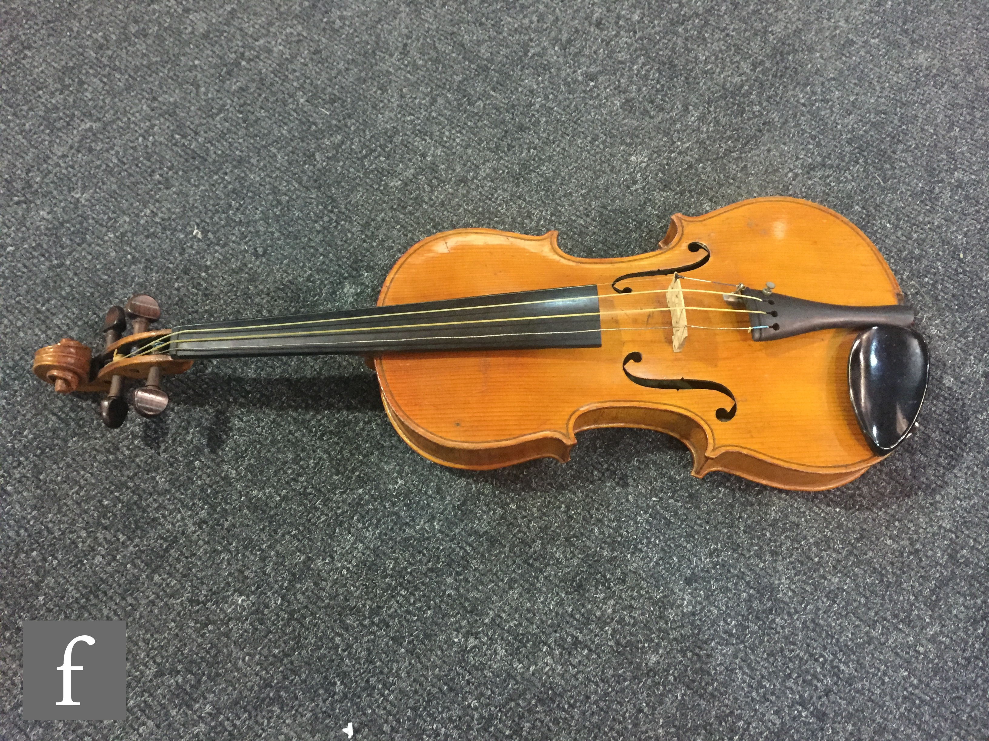 A late 19th to early 20th Century German violin, length of back 36cm, with later bow in black case. - Image 11 of 17